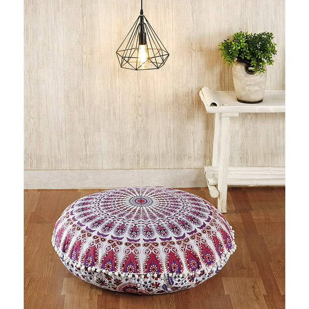 Indian Mandala Pom Lace Floor Pillow Large Ottoman Pouffe Cushion Bohemian 32"
